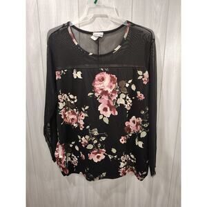Women's Vintage Lexington Avenue Dark Floral Sheer Long Sleeve Top Plus Size 3X